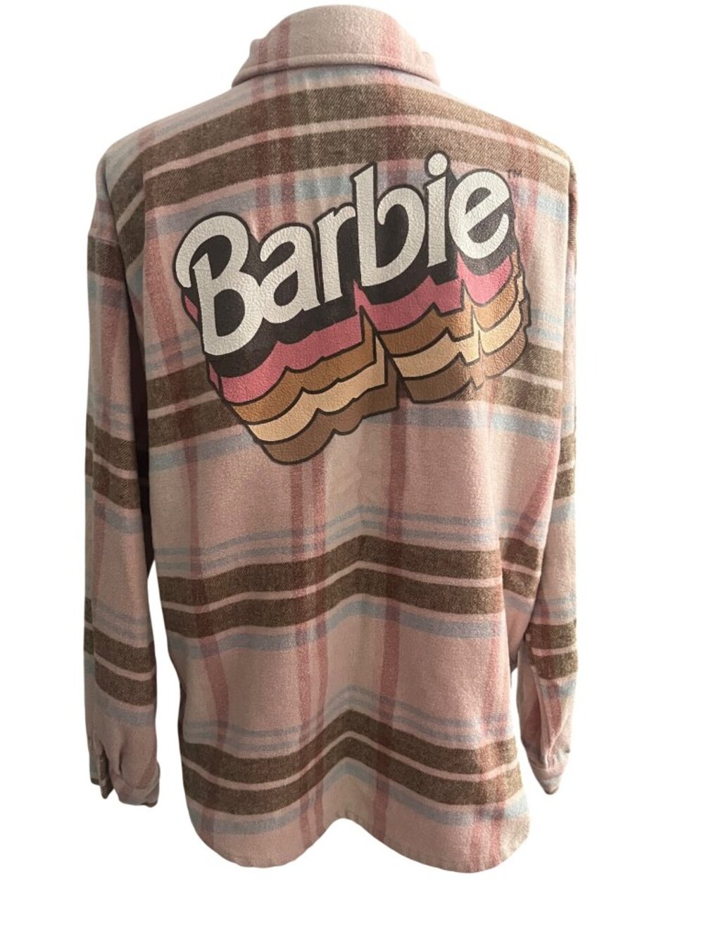 Barbie Dusty Pink & Brown Plaid Button-Up Flannel Shacket Womens Large